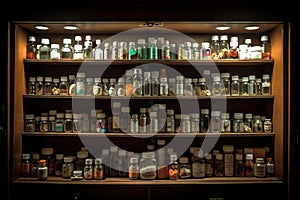 A medication cabinet, shelf after shelf lined with pill bottles. Prescription medication use is at an all time high, a quick fix