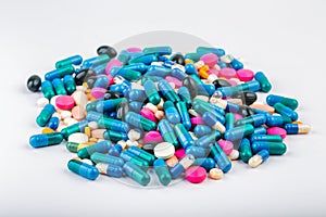 Medication with different types and colours. Tablets and pils