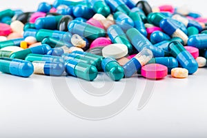 Medication with different types and colours. Tablets and pils