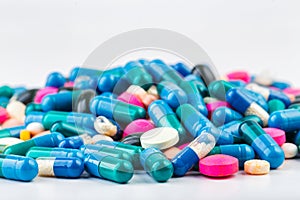 Medication with different types and colours. Tablets and pils