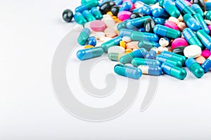 Medication with different types and colours. Tablets and pils