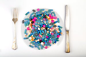 Medication with different types and colours. Tablets and pils