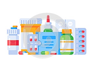 Medication drugs. Medicine pill, pharmacy drug bottle and antibiotic or aspirin pills. Medications isolated vector photo