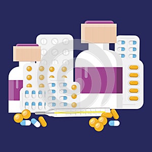 Medication drugs. Medicine pill, pharmacy drug bottle and antibiotic. Medications prescription painkillers, health shop isolated i