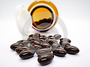Medication and healthcare concept. Many oval brown tablets of mu