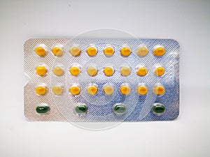 Medication and healthcare concept. Oral contraceptive drug. 24 y