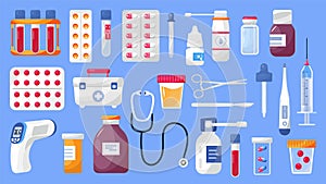 Medication icons set vector. Medicine icon collection. Medical tube, bottle spray, first aid bag are shown. Pharma sopping bag