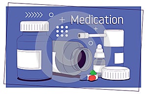Medication, pharmaceutics concept. Medical pills and bottles. 1-1