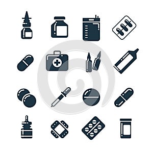 Medication pharmacology pills, tablets, medicine bottles vector icons photo