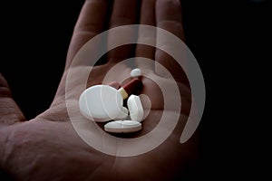 medication pills in hand. drugs, antibiotics, analgesics, narcotic