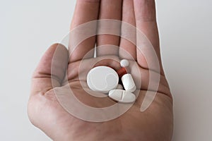 medication pills in hand. drugs, antibiotics, analgesics, narcotic