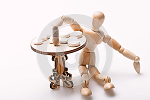 Medication regimen. Human wooden dummy near table with medicines. Tips tackling complex medication regimen. Take