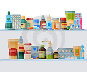Medication on shelf banner vector illustration. Medicine, pharmacy store, hospital set of drugs with labels