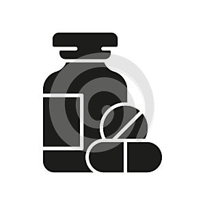 Medication Silhouette Icon. Antibiotic, Painkiller, Aspirin, Vitamin Tablet Glyph Pictogram. Pharmaceutical Medicament