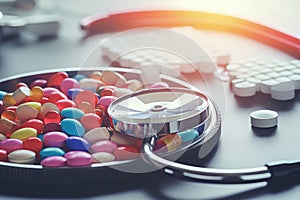 Medication and Stethoscope on Table, Health Care Concept, Stethoscope with pile of colorful antibiotic capsule pills on white