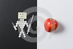 Medication tablets on color background. Concept of health, treatment, choice, healthy lifestyle.