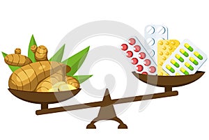 Medication vs natural remedies. Drugs, pills and medicinal syrup. Honey, ginger and lemon. Vector cartoon illustration on white.