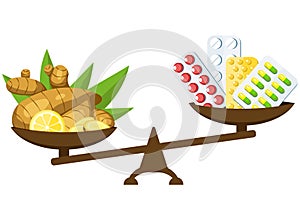 Medication vs natural remedies. Drugs, pills and medicinal syrup. Honey, ginger and lemon. Vector cartoon illustration  on white.