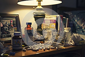 Medication, water, and alcohol on a nightstand indicating sleep problems and stress