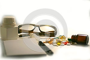 Medications for eyesight. Decreased vision. Glasses. Eye pills. photo