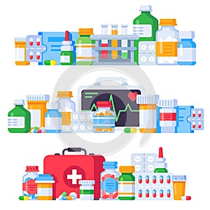 Medications. Medicine pills, pharmaceutical medication bottle and antibiotic pill. Pharmacy drugs isolated vector