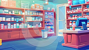 Medications on shelves in a pharmacy. Modern illustration of cosmetics bottles, pills on shelf, computer at cash desk