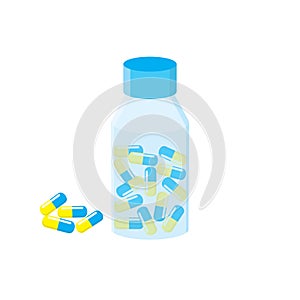 Medications. The vial with capsules. Blue Yellow capsule. Bottle of medicine.