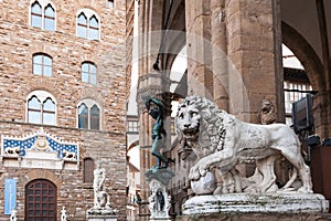 Medici Lion and Perseus statues and Palazzo