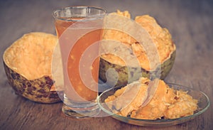 Medicinal Bael fruit with juice in a glass