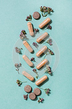 Medicinal capsules, pills and herbs in the form of a branch on a green background. Alternative medicine. Top and vertical view