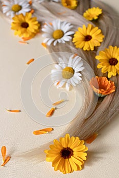 Medicinal flowers with smooth blond hair. Summer flowers in hair.