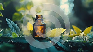 Medicinal Herbs with Bottle on Forest Floor