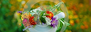 Medicinal herbs and flowers in a mortar. Selective focus.