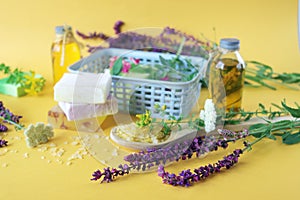 Medicinal herbs and flowers, soap, sea salt and aromatic oil on a bright background, spa,