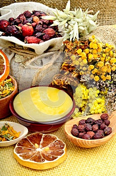 Medicinal herbs with honey.