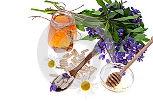 Medicinal herbs, honey, natural capsules and pills in medicine