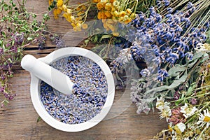 Medicinal herbs and mortar filled with lavender flowers.