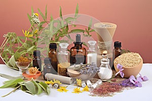 Medicinal herbs and spices for homeopathy. A set of jars for cosmetics, generative AI.