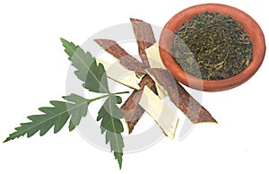 Medicinal neem leaves with crushed ones