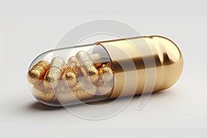 Medicinal opulence 3D gold medical pill, vitamins, isolated on white