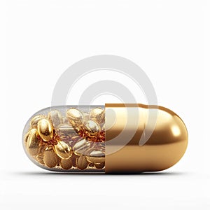 Medicinal opulence 3D gold medical pill, vitamins, isolated on white