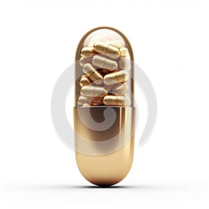 Medicinal opulence 3D gold medical pill, vitamins, isolated on white