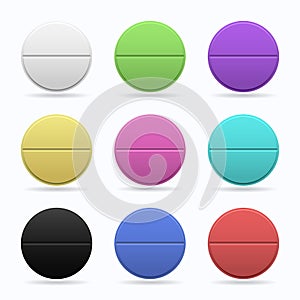 Medicinal tablets. Set of round flat tablets of different colors. Isolated objects on white background. Vector