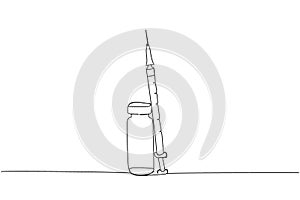 Medicine ampoules with a syringe needle, vaccination, vaccine, serum, glucose, oil one line art. Continuous line drawing