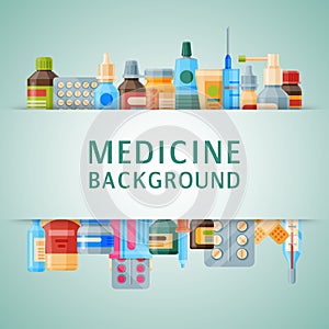 Medicine background banner vector illustration. Medicine, pharmacy, hospital set of drugs with labels. Medication