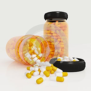 Medicine bottle with capsules isolated on white background.