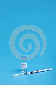 Medicine bottle with coronavirus vaccine covid-19. Medication drug needle syringe drug medical Vaccine vial hypodermic injection