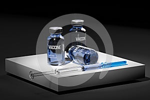 Medicine Bottle for Injection With Blue Content From SARS Coronavirus And Syringe For Vaccination. 3D rendering photo