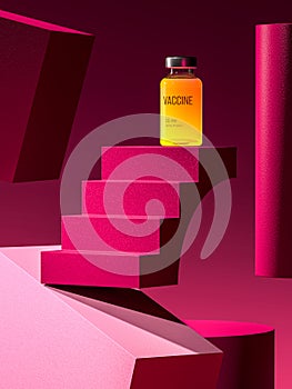 Bottle for Injection With Orange Content From SARS Coronavirus on Ladder Showcase And Abstract Background. 3D rendering photo