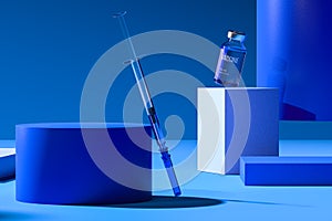 Medicine Bottle for Injection From SARS Coronavirus and Syringe For Vaccination on Blue Showcase. 3D rendering photo